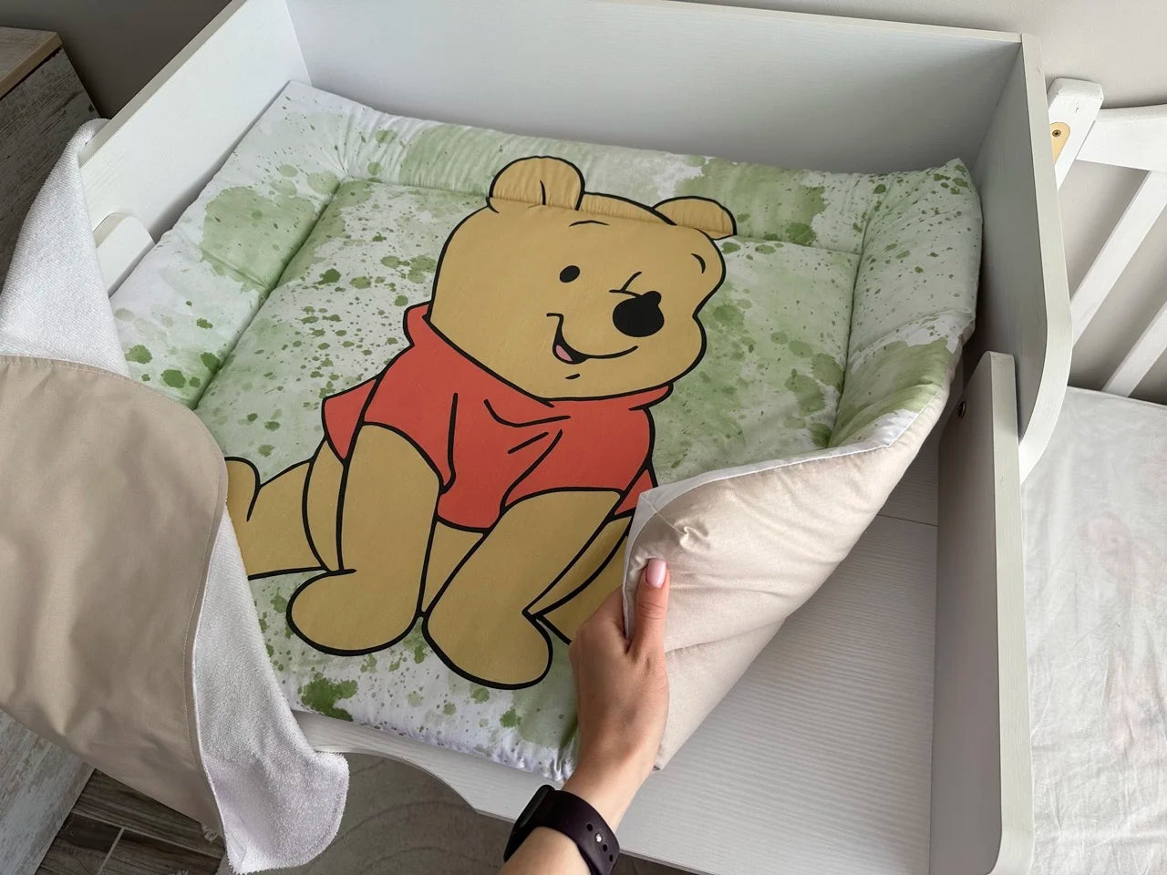 Materassino fasciatoio neonato Winnie the Pooh verde bordi imbottiti cotone impermeabile fatto a mano