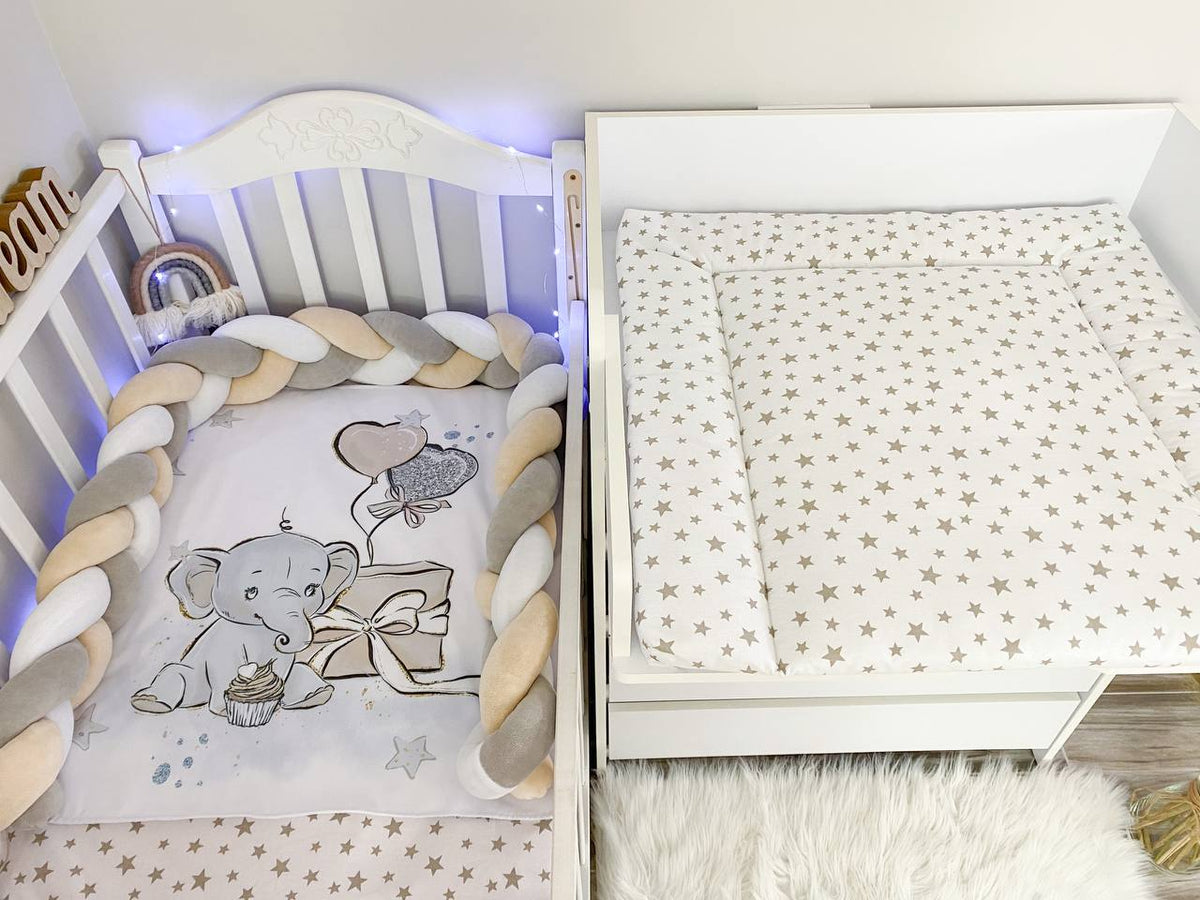 Materassino fasciatoio intrecciato neonato in cotone elefantino beige grigio, treccia paracolpi removibile fatta a mano, double face impermeabile su misura
