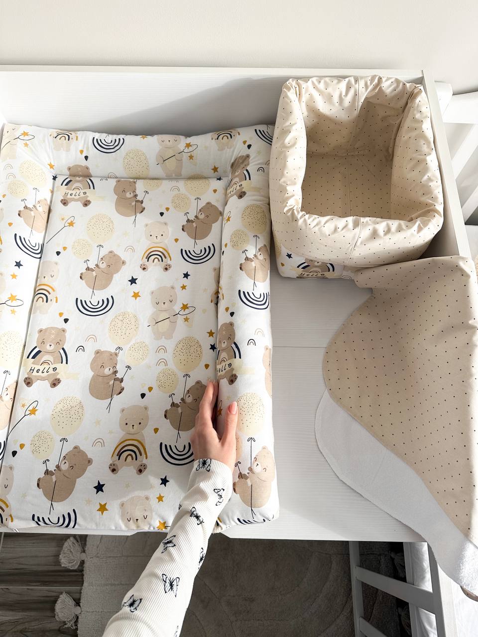 Materassino fasciatoio neonato bordi imbottiti in cotone beige orsetto, double face impermeabile fatto a mano su misura, cambio pannolino neonato