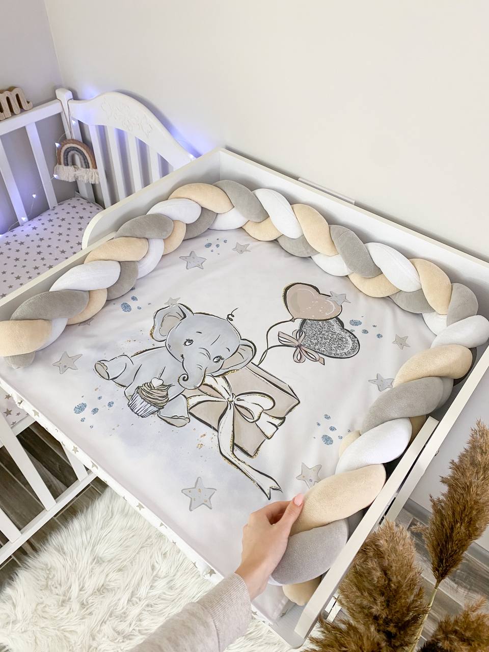 Materassino fasciatoio intrecciato neonato in cotone elefantino beige grigio, treccia paracolpi removibile fatta a mano, double face impermeabile su misura