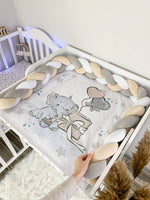 Materassino fasciatoio intrecciato neonato in cotone elefantino beige grigio, treccia paracolpi removibile fatta a mano, double face impermeabile su misura