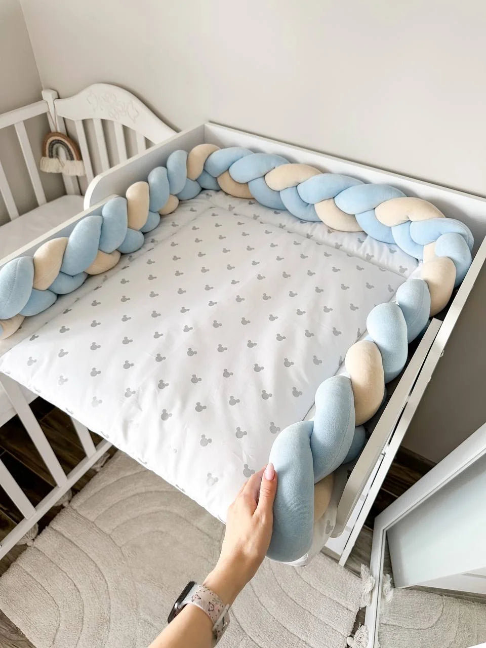 Materassino fasciatoio intrecciato neonato in cotone orecchie topolino argento, treccia paracolpi removibile fatta a mano, double face impermeabile su misura