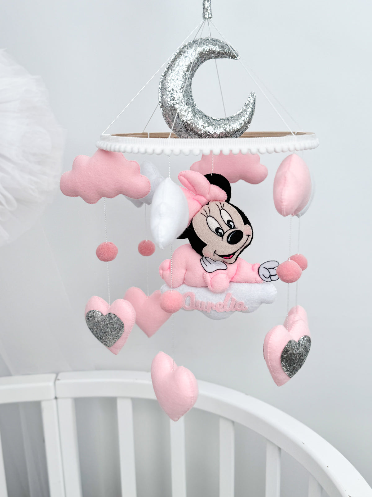 Giostrina musicale Minnie feltro rosa silver con nome personalizzato lettino neonata regalo nascita