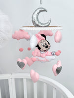 Giostrina musicale Minnie feltro rosa silver con nome personalizzato lettino neonata regalo nascita