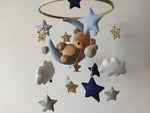 Mobile culla artigianale feltro orsetto luna stelle azzurro blu navy oro glitter nuvole cameretta bambino idea regalo nascita