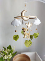 Giostrina musicale Re Leone per culla, Simba feltro con nuvole foglie monstera e luna dorata, idea regalo neonato