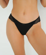Slip premaman neri brasiliana frontale, fascia in pizzo floreale nero e fiocchetto, cotone morbido vita bassa