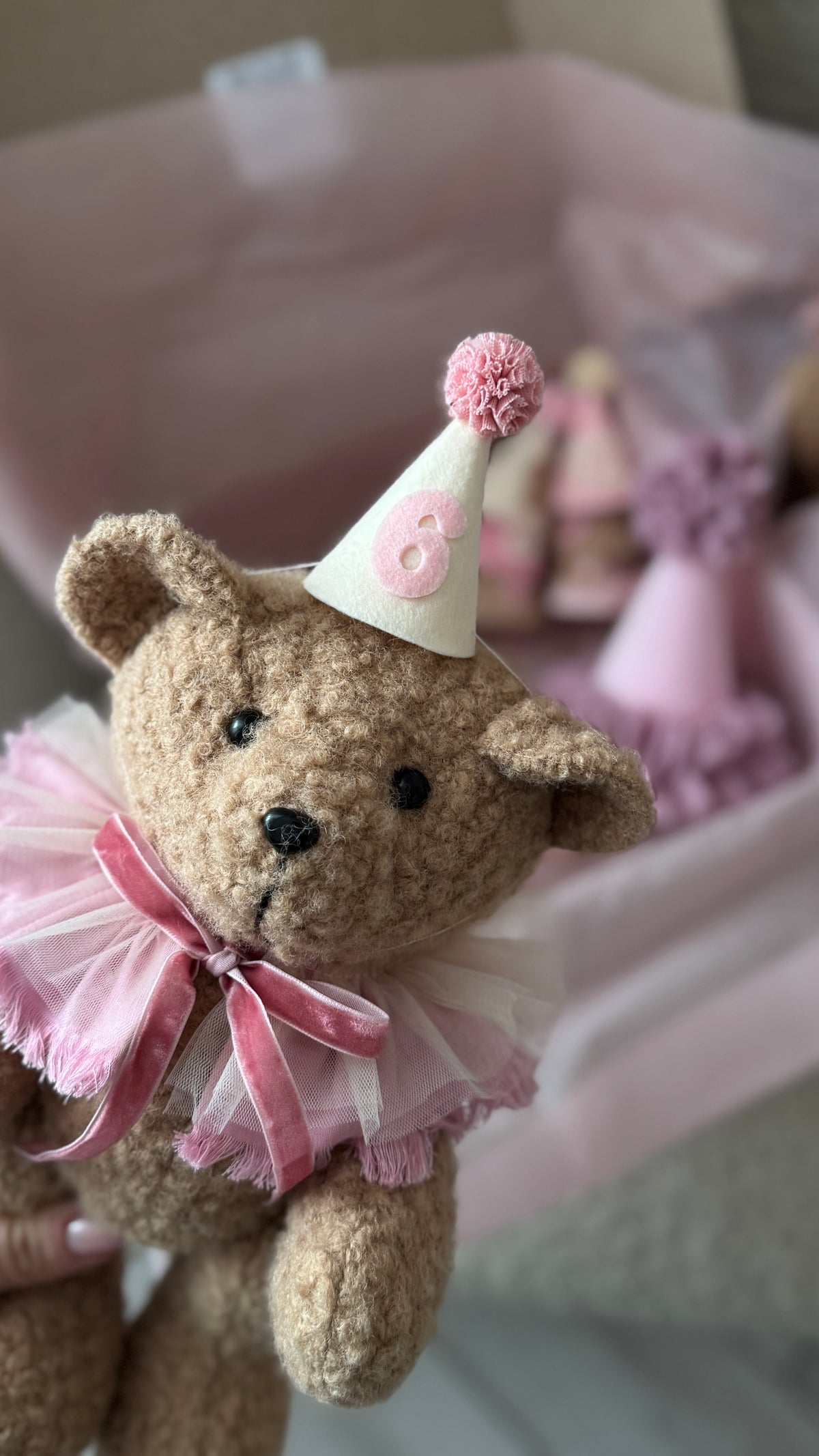 Primo piano di un orsetto di peluche con cappellino rosa numero 6 per il complimese del neonato