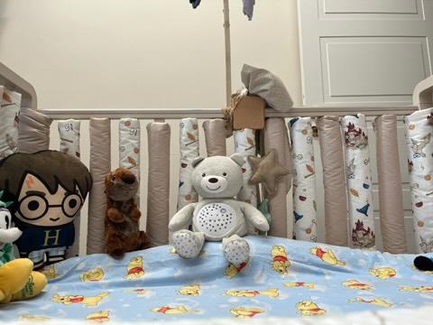 Vista interna lettino neonato con paracolpi americani beige a fantasia illustrata, protezione morbida per sbarre in cotone