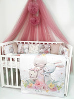 Set paracolpi e cuscini sfoderabili coniglietti, corredino lettino neonata rosa con baldacchino e fiori