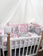 Set paracolpi e cuscini sfoderabili elefantino con fiocchi rosa, corredino lettino neonata sotto baldacchino