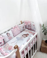 Set paracolpi cuscini sfoderabili lettino neonata, fantasia ballerine floreali rosa, fiocchi rosa, treccia bianco rosa