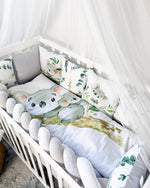 Set paracolpi cuscini sfoderabili lettino neonato, fantasia koala e eucalipto acquerello, treccia grigio bianco, baldacchino