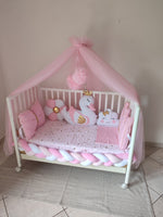 Paracolpi treccia rosa cipria e bianco – cigno corona dorata, nuvola fiocco oro, fiore velluto rosa e coperta cuori dorati