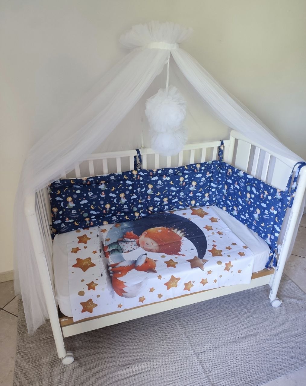 Paracolpi trapuntati double face per lettino con fantasia Il Piccolo Principe, misura 180×30 cm, cuciti a mano in cotone, in pronta consegna
