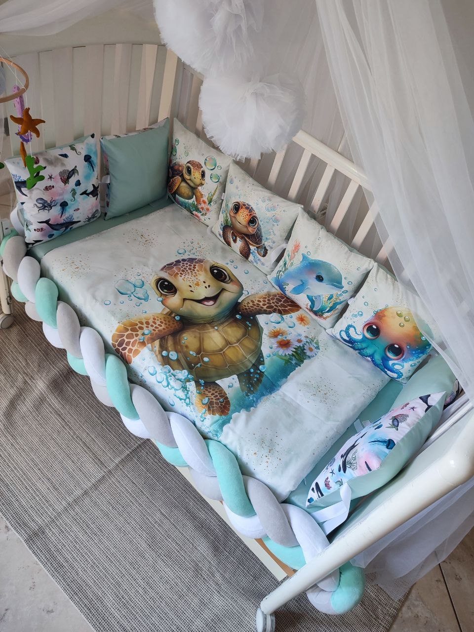 Paracolpi a treccia tiffany e cuscini fondale marino, tartaruga delfino polpo, corredino lettino neonato