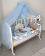 paracolpi lettino culla azzurro con velo baldacchino, stella nuvola corona e giostrina simba