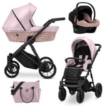 Passeggino trio 3in1 Kunert Ivento in eco pelle rosa metallic con navicella passeggino ovetto e telaio nero.