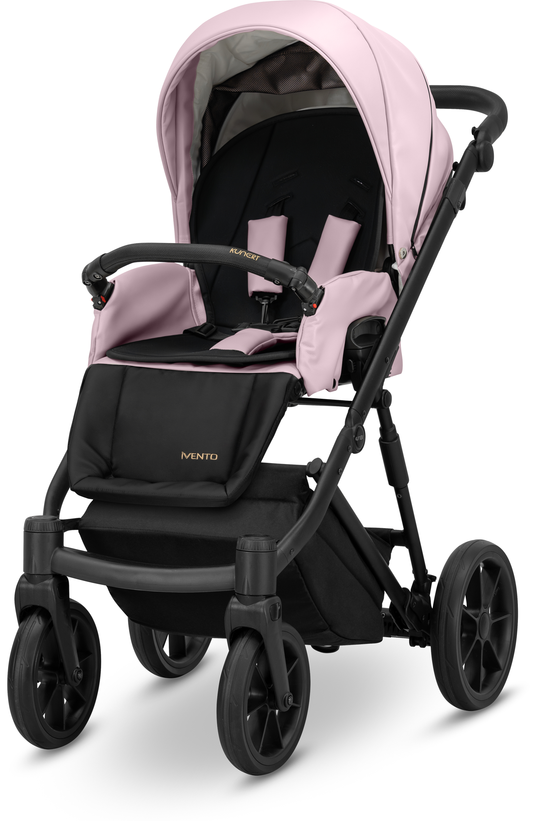 Passeggino Kunert Ivento eco pelle rosa metallic con seduta reversibile fronte mamma su telaio nero.