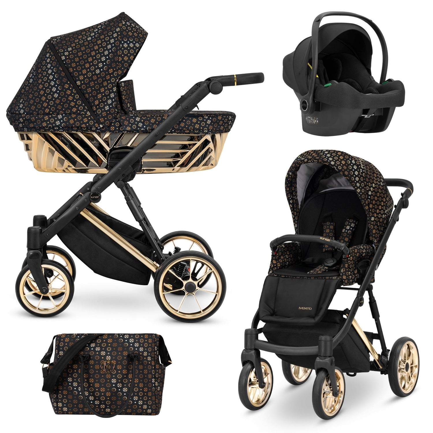 Passeggino Ivento Glam 3in1 Kunert Oro Nero – Navicella, Seduta e Seggiolino Auto - universo del bambino
