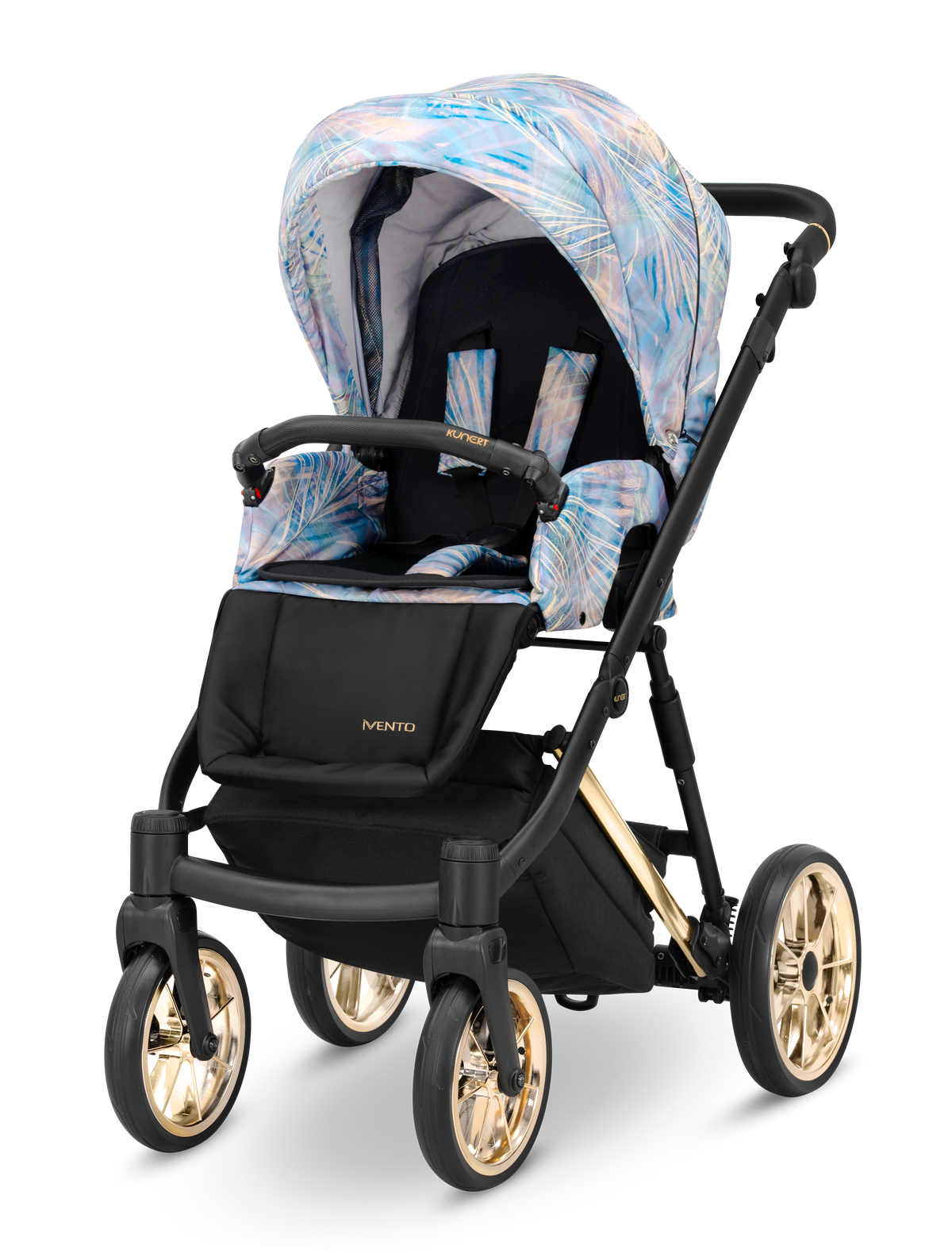 Passeggino Kunert Ivento 3in1 Pastel Grass – navicella seduta e seggiolino, telaio nero ruote oro, fantasia foglie azzurro