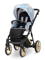 Passeggino Kunert Ivento 3in1 Pastel Grass – navicella seduta e seggiolino, telaio nero ruote oro, fantasia foglie azzurro