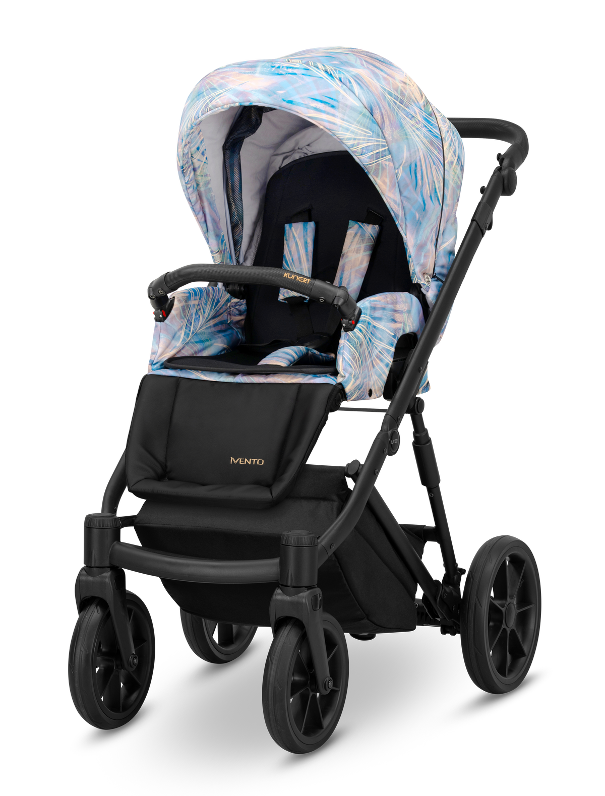 Passeggino Kunert Ivento Pastel Grass con telaio e ruote nero opaco – telo azzurro rosa iridescente fantasia foglie