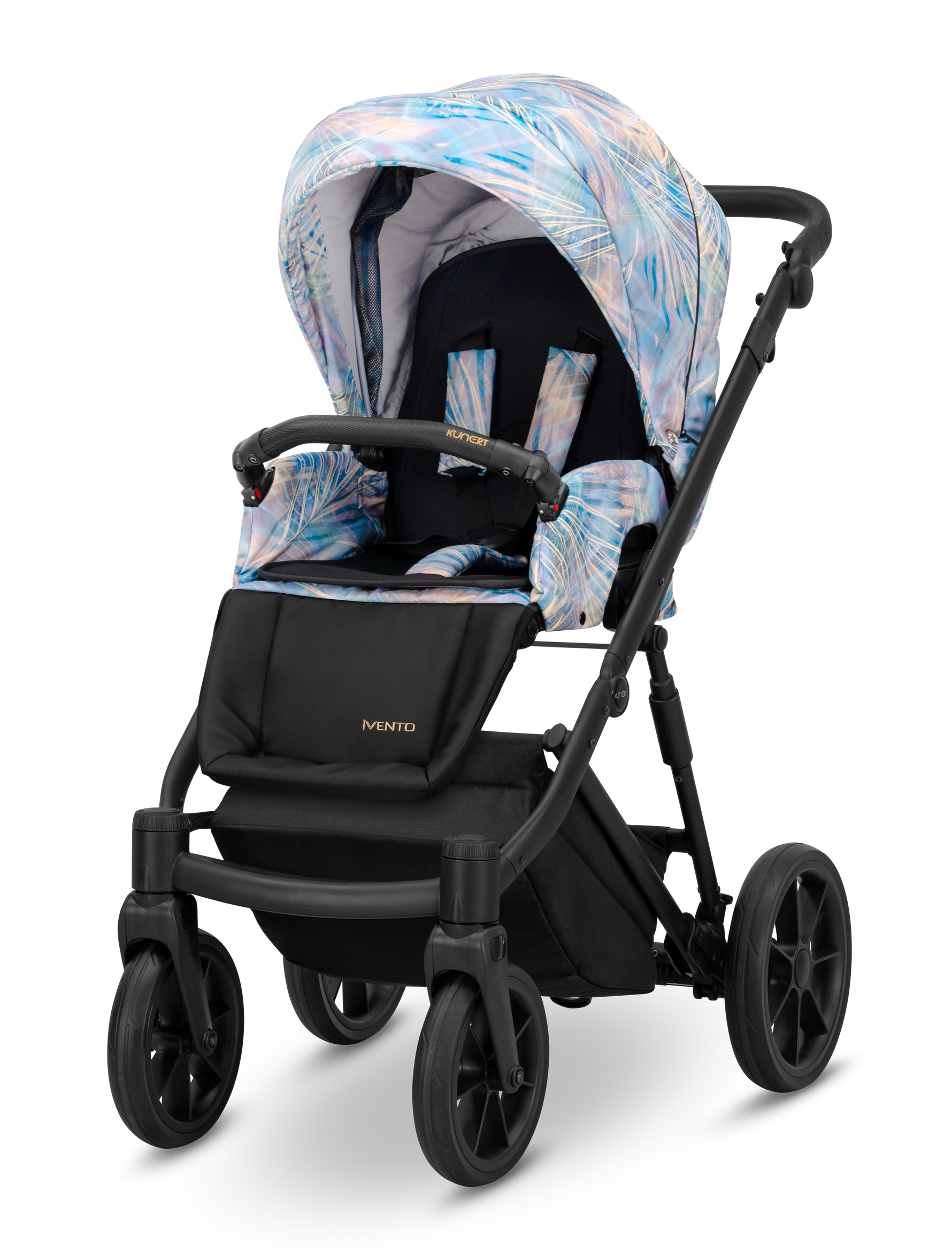 Passeggino Kunert Ivento Pastel Grass con telaio e ruote nero opaco – telo azzurro rosa iridescente fantasia foglie