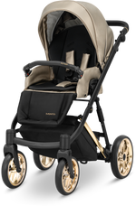 Seduta Kunert Ivento ecopelle beige dorato con telaio nero e barra oro, ruote cerchi dorati