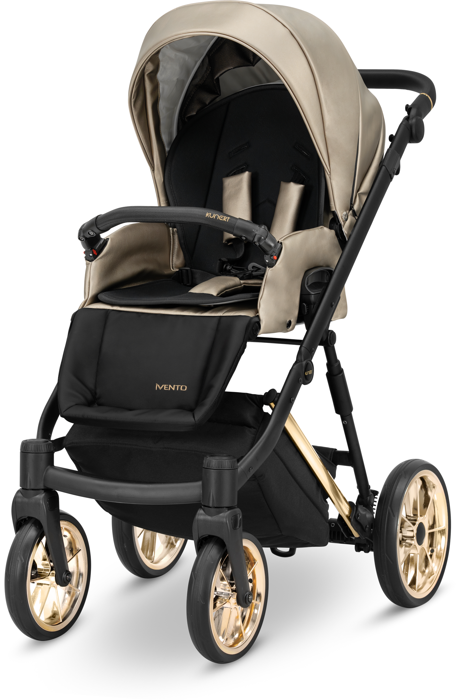 Seduta Kunert Ivento ecopelle beige dorato con telaio nero e barra oro, ruote cerchi dorati