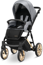 Passeggino Kunert Ivento seduta sportiva ecopelle grigio e nero, barra dorata, ruote pneumatiche cerchi oro