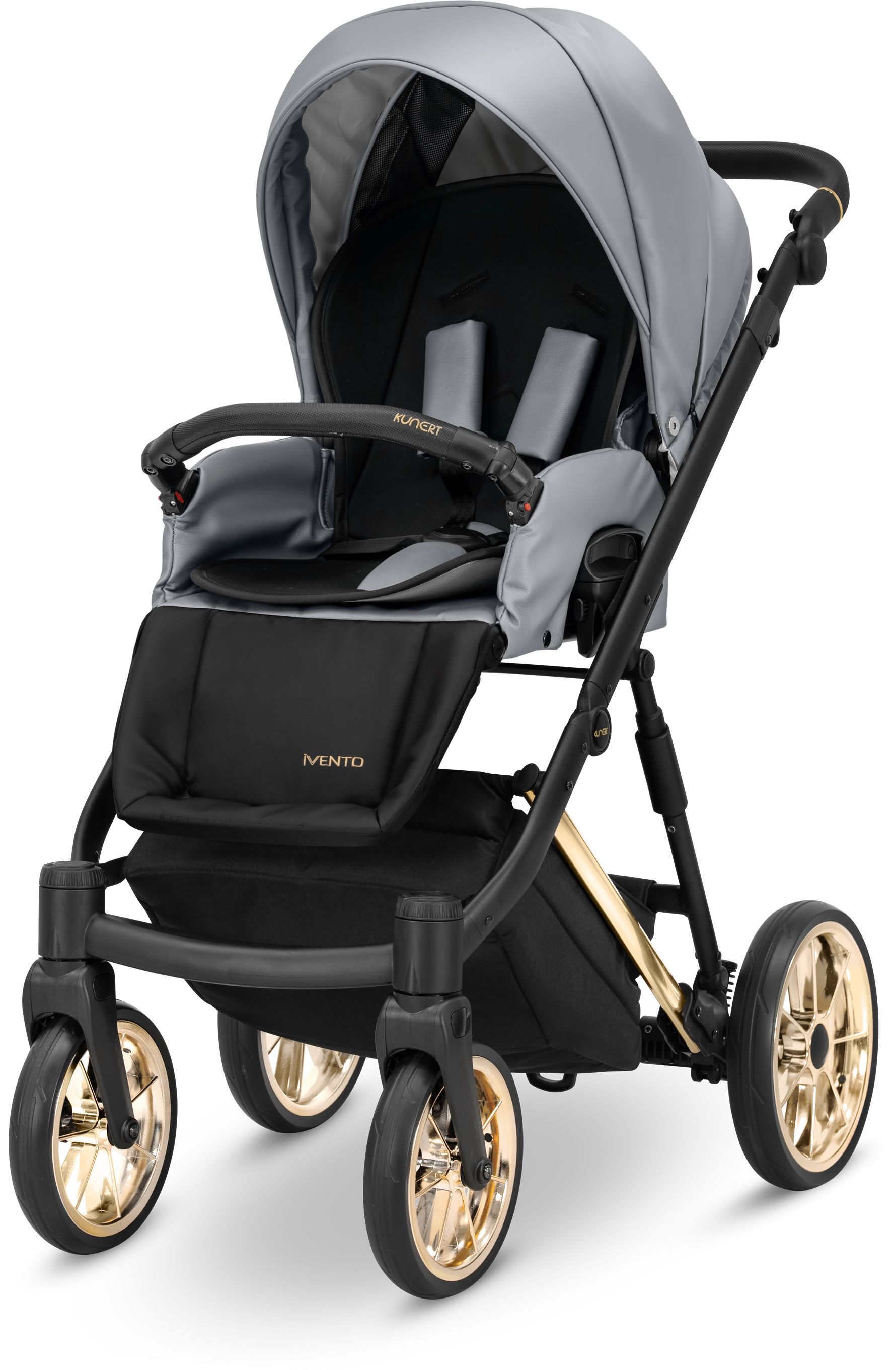 Passeggino Kunert Ivento seduta sportiva ecopelle grigio e nero, barra dorata, ruote pneumatiche cerchi oro