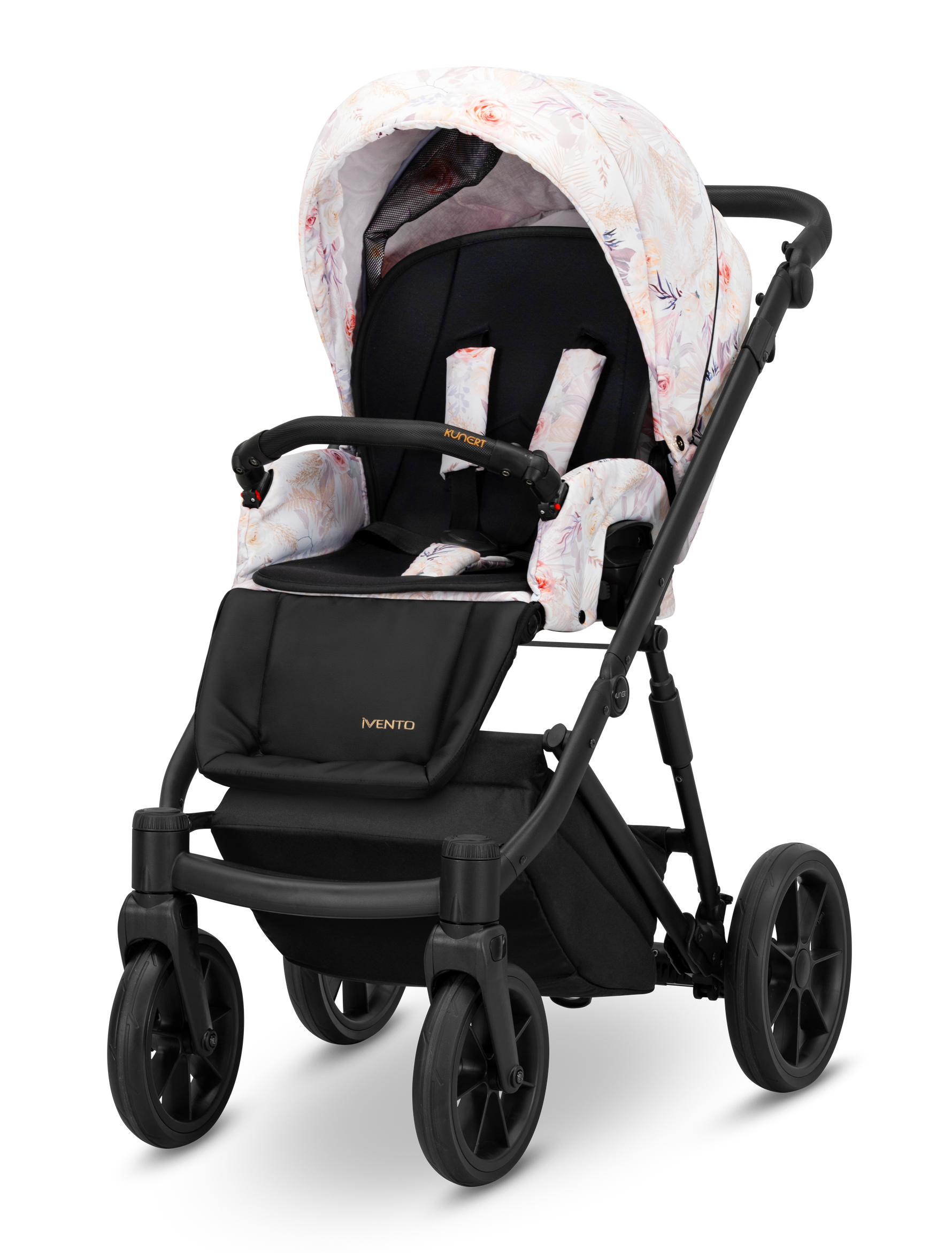 Passeggino leggero Kunert Ivento con seduta e ruote nere, capottina a fiori e dettagli eleganti