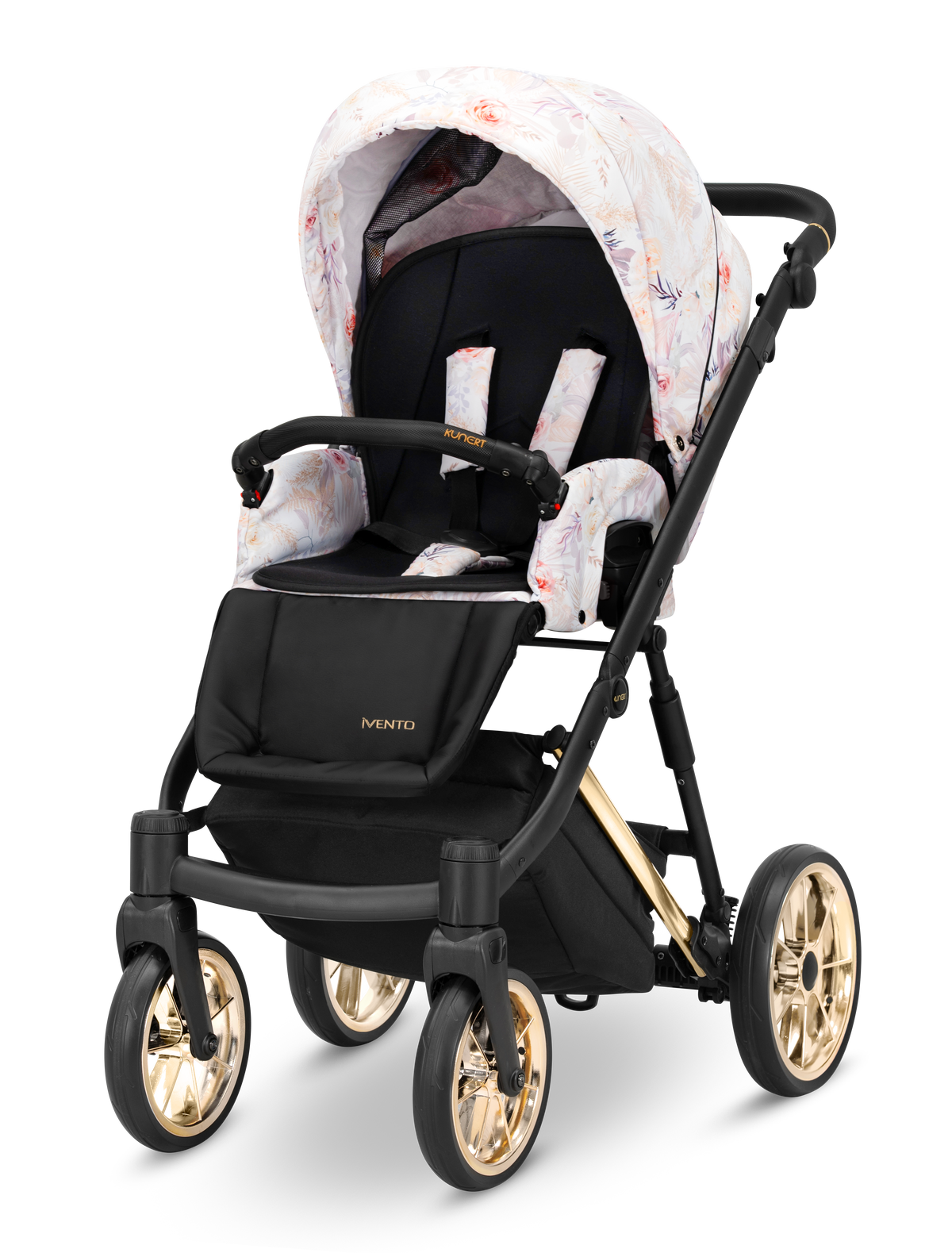 Passeggino leggero Kunert Ivento con seduta nera, capottina a fiori e ruote color oro lucido