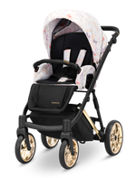 Passeggino leggero Kunert Ivento con seduta nera, capottina a fiori e ruote color oro lucido