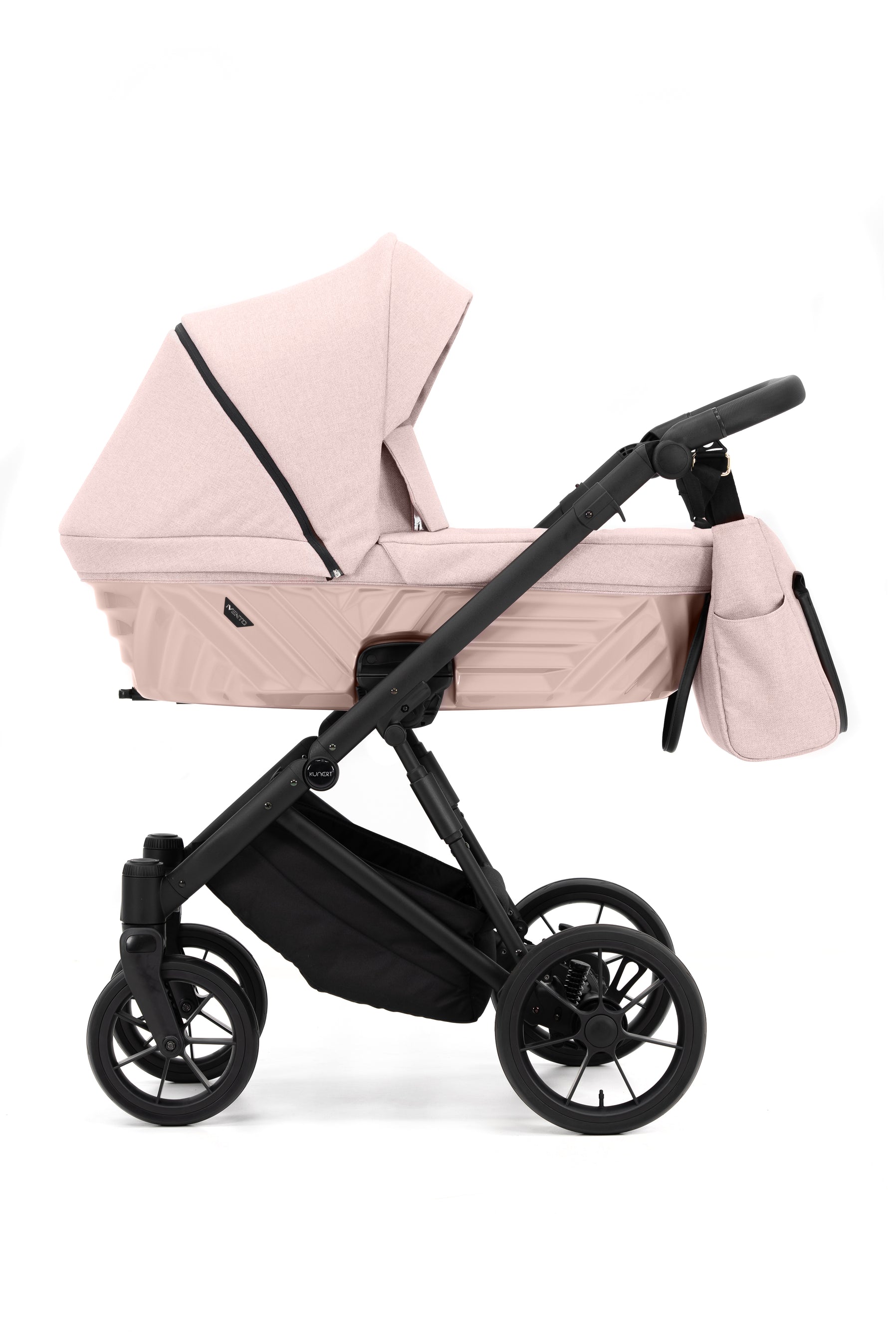 Passeggino Kunert Ivento rosa antico con navicella a rilievo geometrico, borsa cambio coordinata e telaio nero opaco.