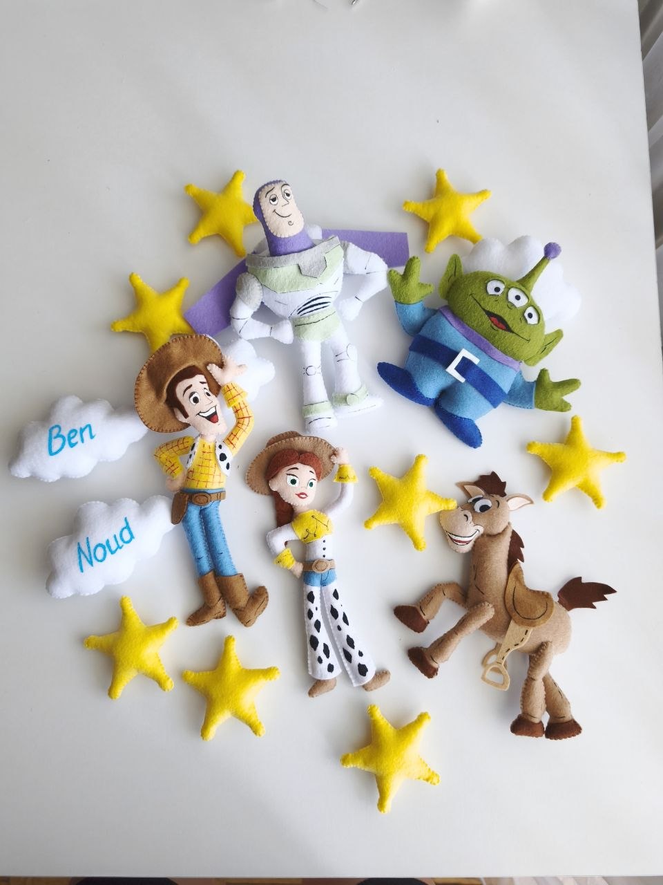 Personaggi Toy Story in feltro personalizzati con nome per giostrina neonato fatta a mano da appendere alla culla