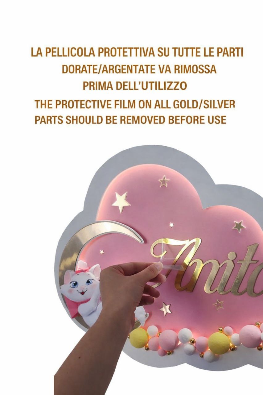 Luce notturna bambini a forma di nuvola con luna illuminata e stelle, personaggio a scelta pallicola protettiva su tutte le parti dorate e argentate