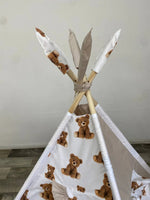 Tenda giochi bambini cotone panna bianco dipinta a mano tema orsetti personalizzata con nome, tappeto imbottito cuscino e pali pieghevoli inclusi