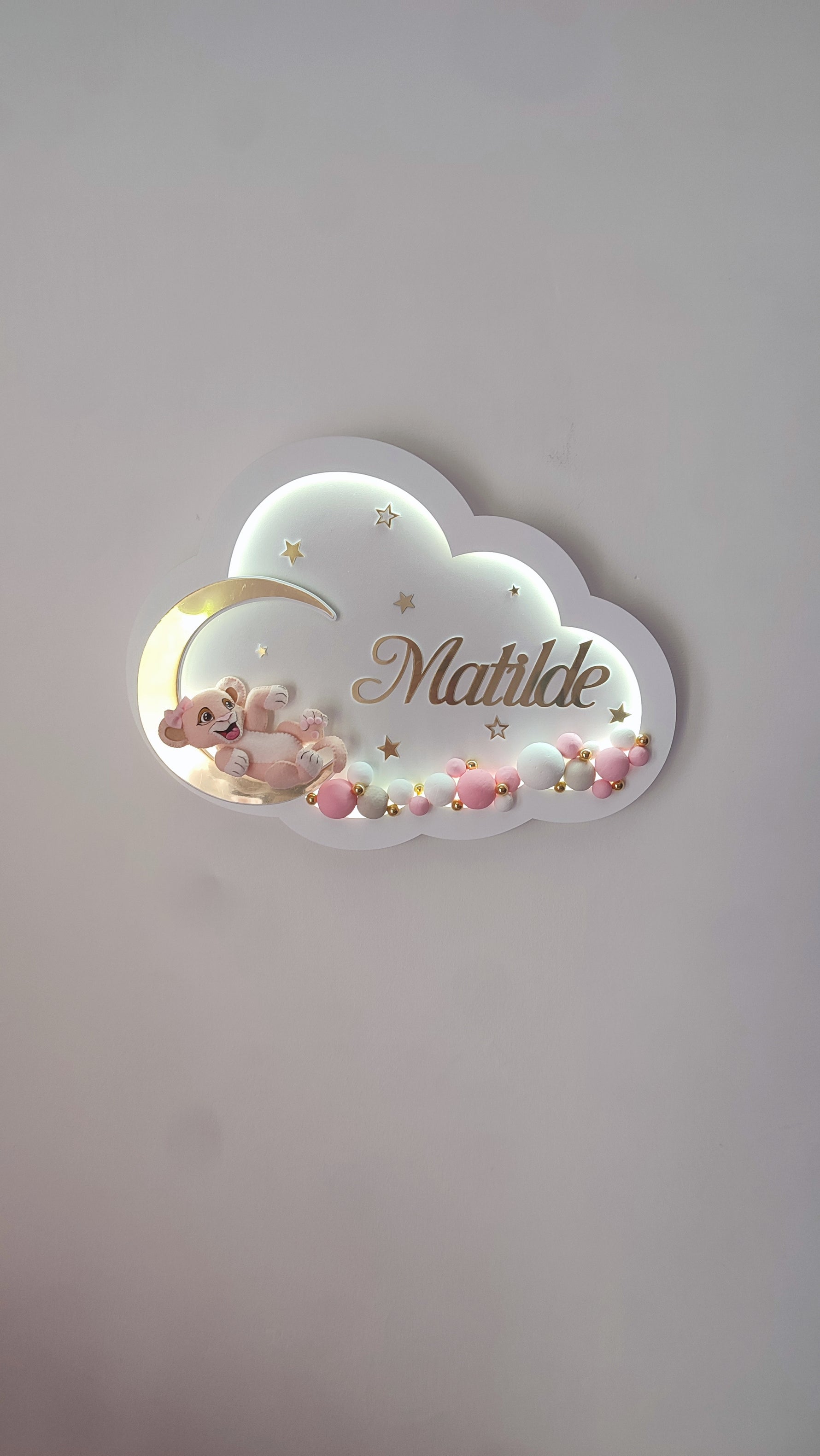 Luce notturna neonata personalizzata nome nuvola led leone rosa luna oro stelle palline dipinte a mano