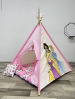 Tenda giochi bambini rosa dipinta a mano  principesse princess , con materassino imbottito, cuscino e pali pieghevoli e una bambina