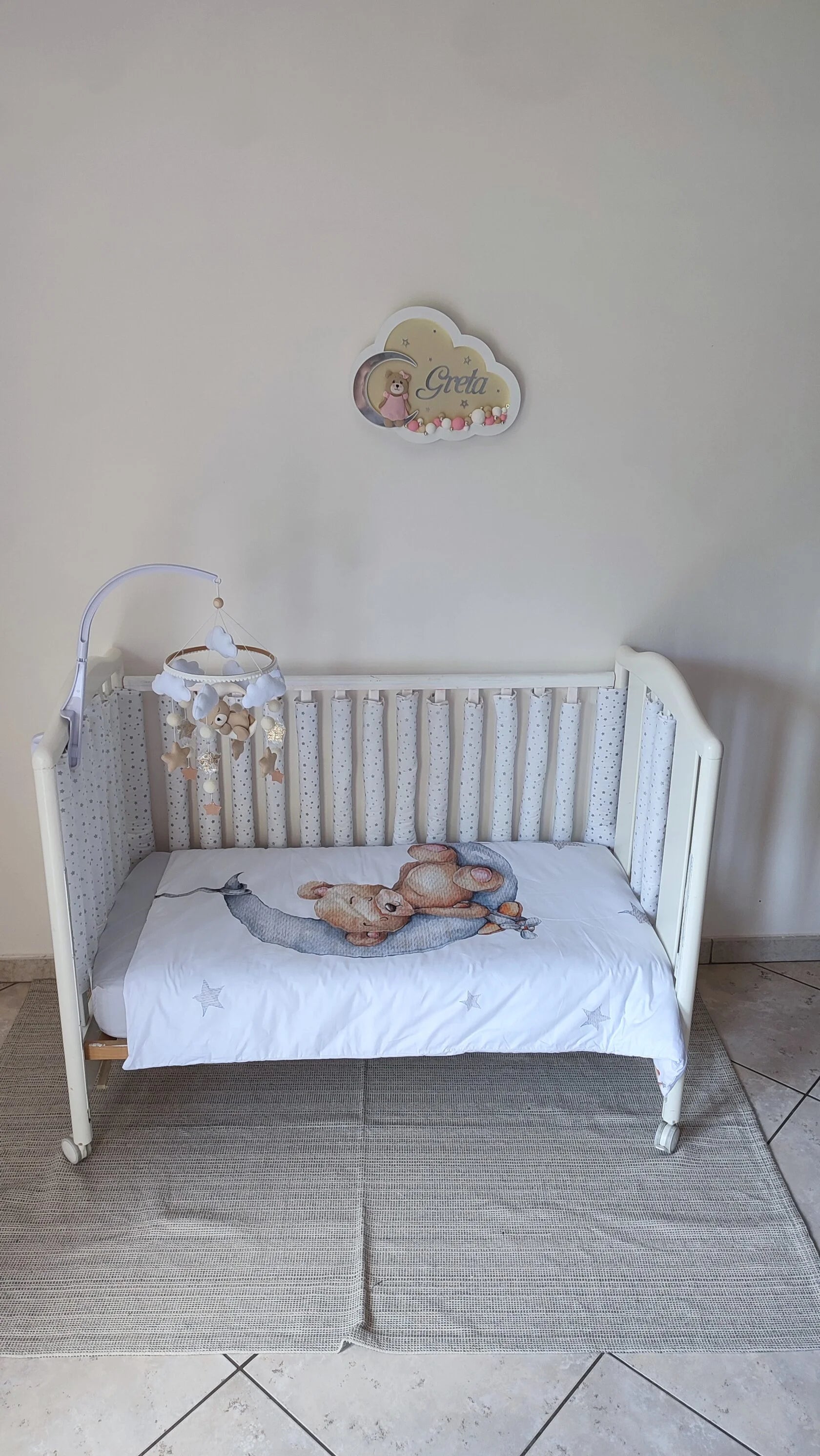 Paracolpi tubolari per lettino con cerniera, rivestimento in cotone bianco a stelle grigie