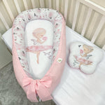 Riduttore nido neonata rosa con stampa fatina ballerina e farfalle, baby nest morbido con fiocco per culla