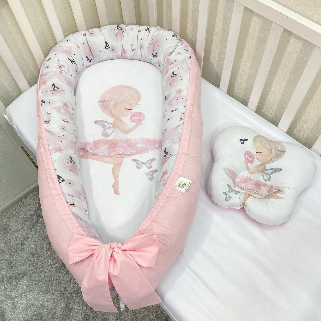 Riduttore nido neonata rosa con stampa fatina ballerina e farfalle, baby nest morbido con fiocco per culla