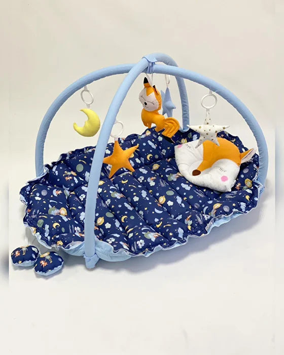 Riduttore nido neonato 3 in 1 blu, doppia barra palestrina 5 giochi sonori volpe e stelle, materassino estraibile