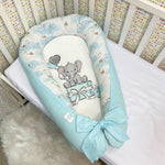 Riduttore nido neonato azzurro con stampa elefantino e stelle dorate, baby nest morbido per culla