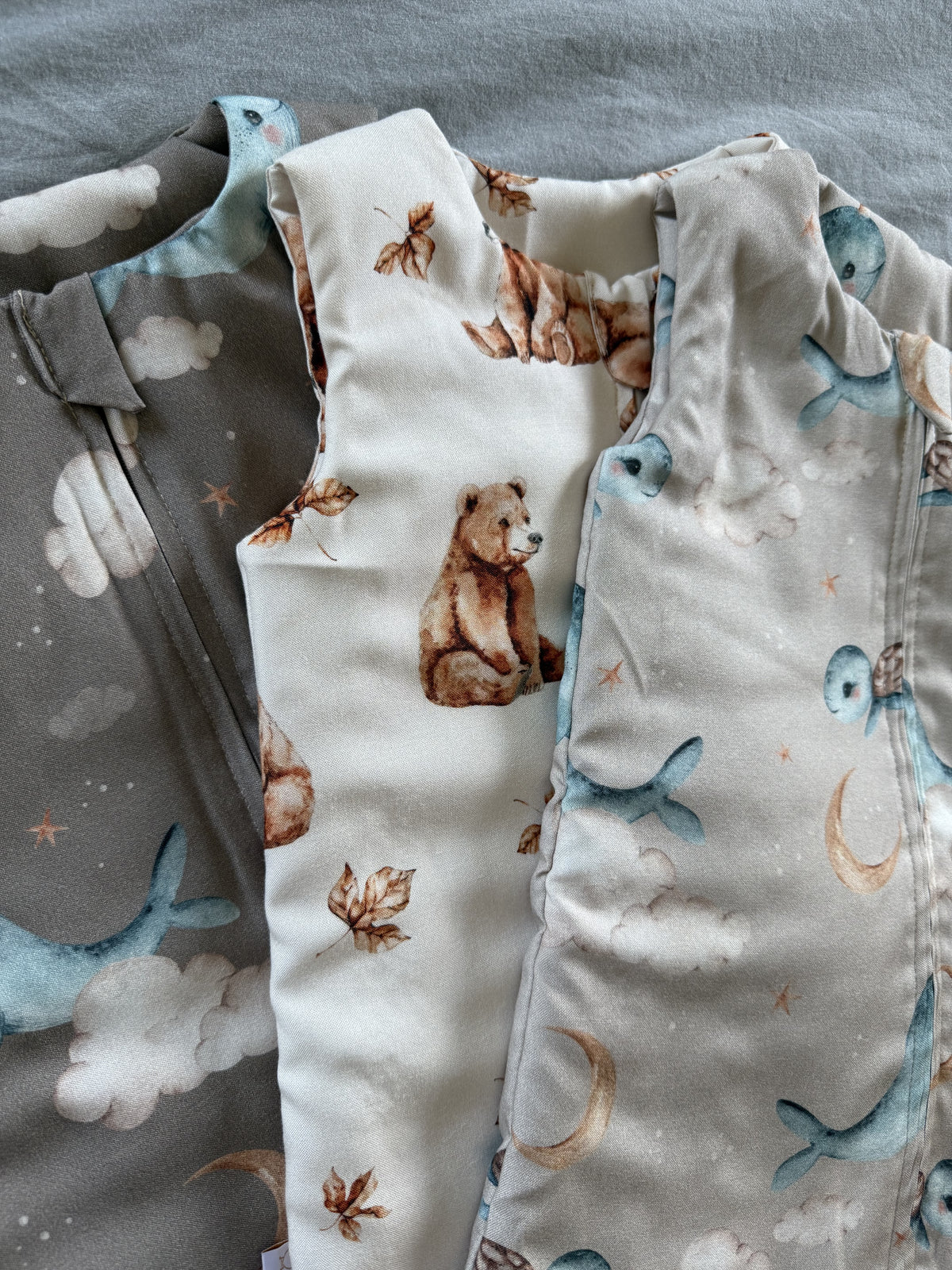 Collezione sacchi nanna bamboo neonato, fantasie acquarello orso bosco e narvali, zip frontale, delicati sulla pelle sensibile del bambino