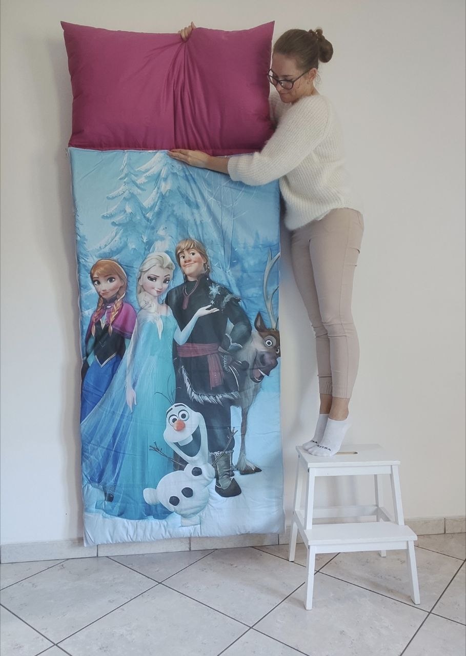 Sacco a pelo per bambini a tema Frozen con stampa colorata di Elsa, Anna, Kristoff, Sven e il pupazzo di neve Olaf.