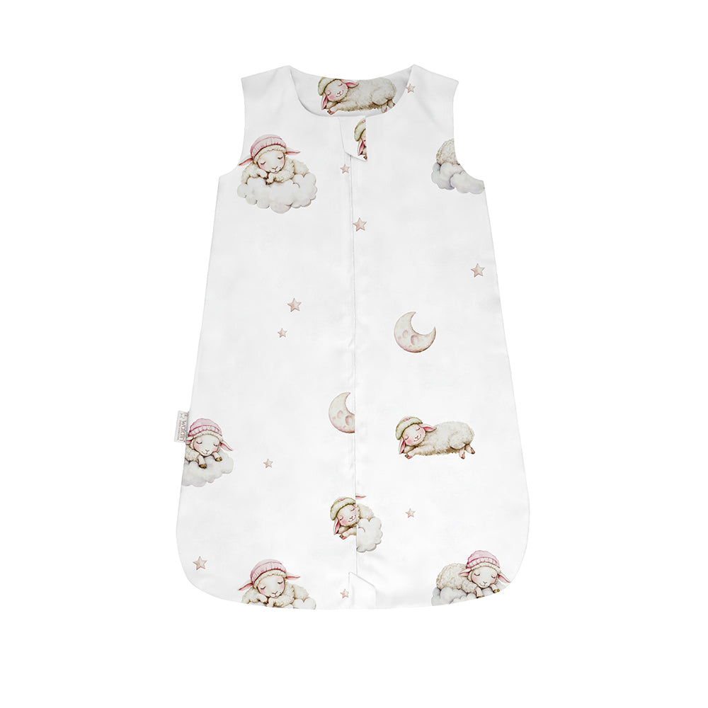Sacco nanna estivo 0.5 tog bianco fantasia lullaby con pecorelle addormentate luna e stelle, sacco sleeping leggero per neonati estate