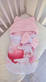 Sacco nanna neonata gattina rosa cuore impermeabile antivento, cappuccio orecchiette, compatibile passeggino ovetto lettino